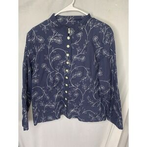 Women's L Orvis Blue Floral Embroidered Button‎ Down Cotton Blouse Cardigan